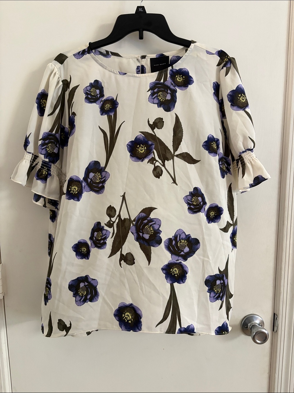Alex Marie White Blouse with Purple Floral Print SZ XL